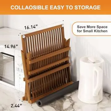 Greenual Teak Dish Drying Rack with Utensil Holder, 3 Tier Collapsible Dish Rack, Wooden Dish Racks for Kitchen Counter, Large Folding Drying Holder with Absorbent Dish Drying Mat