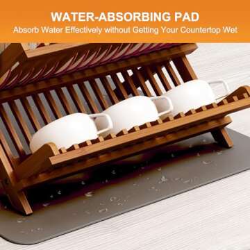 Greenual Teak Dish Drying Rack with Utensil Holder, 3 Tier Collapsible Dish Rack, Wooden Dish Racks for Kitchen Counter, Large Folding Drying Holder with Absorbent Dish Drying Mat