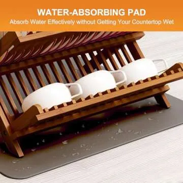 Greenual Teak Dish Drying Rack with Utensil Holder, 3 Tier Collapsible Dish Rack, Wooden Dish Racks for Kitchen Counter, Large Folding Drying Holder with Absorbent Dish Drying Mat