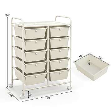 Giantex 10 Drawers Rolling Cart, Classroom Organizers, Storage Cart with Wheels, for Teacher Office Home School Supplies Tool Craft Art Paper, Ivory Color