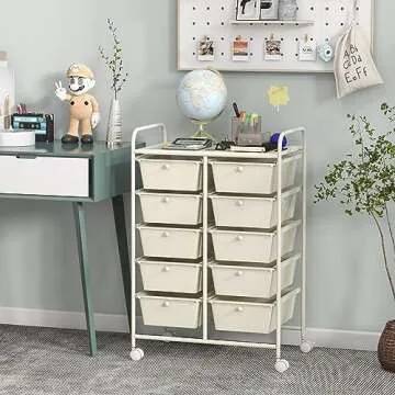 Giantex 10 Drawers Rolling Cart, Classroom Organizers, Storage Cart with Wheels, for Teacher Office Home School Supplies Tool Craft Art Paper, Ivory Color