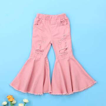ICECTR Toddler Baby Girls Kid Flared Denim Pants Ruffled Wide Legs Ripped Jeans High Waist Bell Bott...