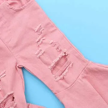 ICECTR Toddler Baby Girls Kid Flared Denim Pants Ruffled Wide Legs Ripped Jeans High Waist Bell Bottoms Casual Outfit (Pink, 1-2T)