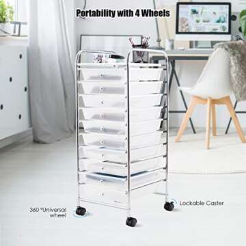 Happygrill 10-Drawer Storage Cart Office Paper Organizer Rolling Storage Cart with Wheels