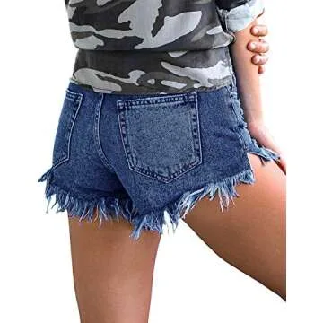 luvamia Women's High Waist Denim Shorts Frayed Raw Hem Jean Shorts, B Twilight Blue, Size S