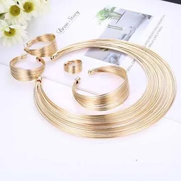 ORAZIO Bib Choker Statement Necklaces for Women Cuff Bracelet Open Hoop Stud Earrings Ring African Chunky Costume Jewelry Set