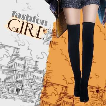 Shoe'N Tale Women Faux Suede Chunky Heel Stretch Over The Knee Thigh High Boots(8.5,Black)