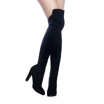 Shoe'N Tale Women Faux Suede Chunky Heel Stretch Over The Knee Thigh High Boots(8.5,Black)