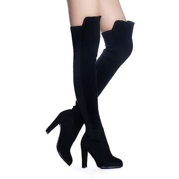 Shoe'N Tale Women Faux Suede Chunky Heel Stretch Over The Knee Thigh High Boots(8.5,Black)