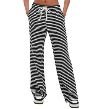 Darong Casual Womens Striped Pants Soft Lounge Pants Spring Autumn Bottoms with Pocket 9066A Black W...