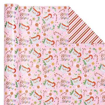 WRAPAHOLIC Reversible Christmas Wrapping Paper - Mini Roll - 17 Inch X 33 Feet - Santa Claus Cup and Stripe Design for Chrsitmas, Holiday, Party Celebration