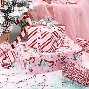 WRAPAHOLIC Reversible Christmas Wrapping Paper - Mini Roll - 17 Inch X 33 Feet - Santa Claus Cup and Stripe Design for Chrsitmas, Holiday, Party Celebration
