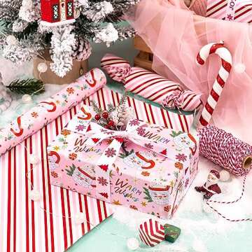 WRAPAHOLIC Reversible Christmas Wrapping Paper - Mini Roll - 17 Inch X 33 Feet - Santa Claus Cup and Stripe Design for Chrsitmas, Holiday, Party Celebration