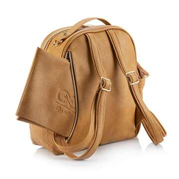 Itzy Ritzy Chelsea + Cole Mini Diaper Bag Backpack - Studded Mini Backpack with Changing Pad, 8 Pockets, Rubber Feet & Tassel - Caramel with Sweetheart Print Interior and Gold Hardware