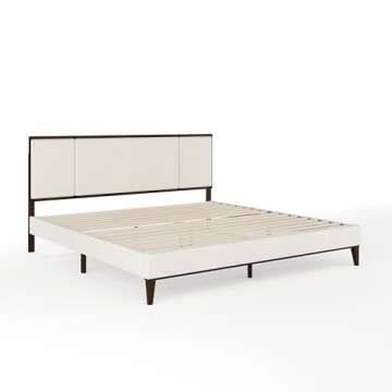 Martha Stewart Jett Platform Bed with Headboard, Fabric Upholstered Inset Headboard and Base, Solid Wood Frame, No Box Spring Needed, King, Dark Brown/Beige
