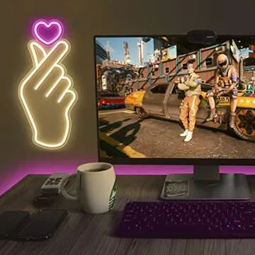 Lumoonosity Finger Heart Neon Signs - Premium K-Pop Heart Hand Led Sign - Pink & Warm White K-Drama Hand Heart Gesture Neon Lights - Korean Hand Symbol Love lights for Wall, Bedroom, Game Room Decor