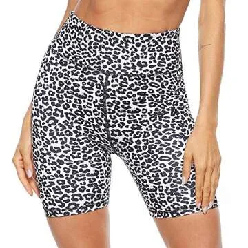 PERSIT Women's High Waist Print Workout Yoga Shorts with 2 Hidden Pockets, Non See-Through Tummy Control Athletic Shorts White Leopard