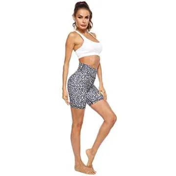 PERSIT Women's High Waist Print Workout Yoga Shorts with 2 Hidden Pockets, Non See-Through Tummy Control Athletic Shorts White Leopard