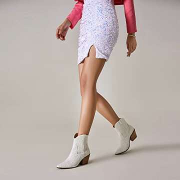 FIFSY Women Rhinestone Cowboy Boots Glitter Chunky Heel Sparkly Cowgirl Ankle Boots pearl-whiteUS7 EU37