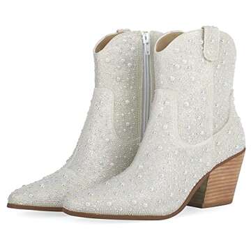 FIFSY Women Rhinestone Cowboy Boots Glitter Chunky Heel Sparkly Cowgirl Ankle Boots pearl-whiteUS7 EU37