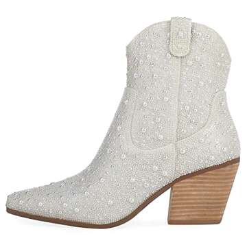 FIFSY Women Rhinestone Cowboy Boots Glitter Chunky Heel Sparkly Cowgirl Ankle Boots pearl-whiteUS7 EU37