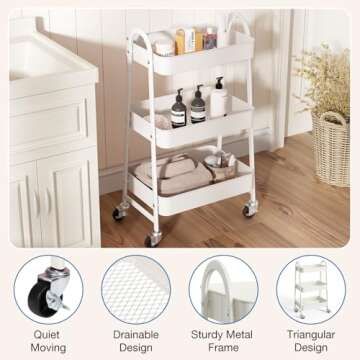 OLIXIS 3 Tier Utility Rolling Cart, Metal Mobile Storage Shelf with Lockable Caster Wheels, Organiza...