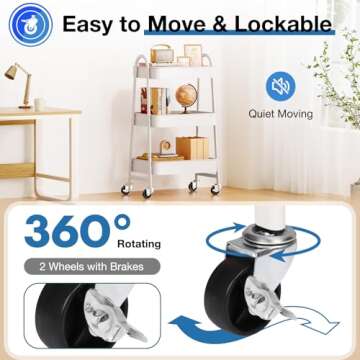 OLIXIS 3 Tier Utility Rolling Cart, Metal Mobile Storage Shelf with Lockable Caster Wheels, Organization for Livingroom, Bathroom, Kitchen, & Narrow Places, White