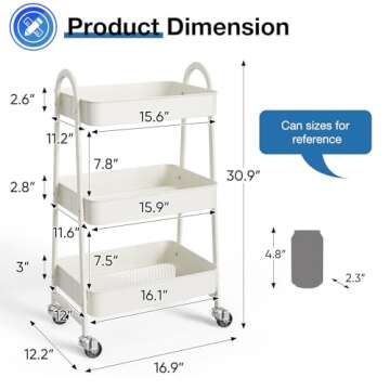 OLIXIS 3 Tier Utility Rolling Cart, Metal Mobile Storage Shelf with Lockable Caster Wheels, Organization for Livingroom, Bathroom, Kitchen, & Narrow Places, White