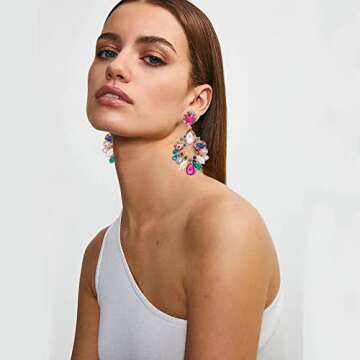 VANGETIMI Fashion Rhinestone Statement Drop Dangle Zinc Earrings Large Colorful Crystal Chandelier E...