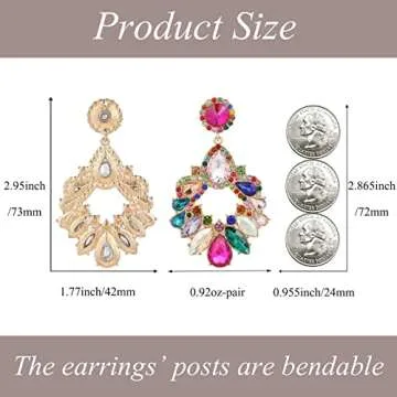 VANGETIMI Fashion Rhinestone Statement Drop Dangle Zinc Earrings Large Colorful Crystal Chandelier Earrings for Women Bridal Wedding Party Prom