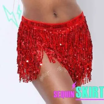 Zoestar Boho Sequin Tassel Hip Scarf Multilayer Belly Dance Belt Dance Performance Skirt for Women and Girls (Red)