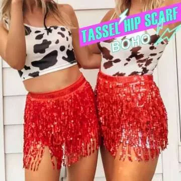 Zoestar Boho Sequin Tassel Hip Scarf Multilayer Belly Dance Belt Dance Performance Skirt for Women and Girls (Red)
