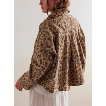 Anoumcy Women Oversized Leopard Jackets Casual Button Down Vintage Jean Jackets Leopard Print Tops Coat 2024 Fall Outfits M