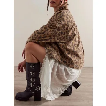 Anoumcy Women Oversized Leopard Jackets Casual Button Down Vintage Jean Jackets Leopard Print Tops Coat 2024 Fall Outfits M