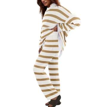 LAMISSCHE Oversized Womens Lounge Set Striped Sweater Set Long Sleeve 2 Piece Pajama Set Top and Pan...