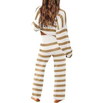 LAMISSCHE Oversized Womens Lounge Set Striped Sweater Set Long Sleeve 2 Piece Pajama Set Top and Pants with Pockets(White&Khaki,L)
