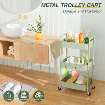 LEHOM 3 Tier Rolling Storage Cart, Metal Trolley Utility Cart with Wheels & Hooks, Easy Assembly Organizer Storage Cart for Bathroom Kitchen Office Bedroom (Green)