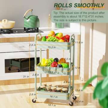 LEHOM 3 Tier Rolling Storage Cart, Metal Trolley Utility Cart with Wheels & Hooks, Easy Assembly Organizer Storage Cart for Bathroom Kitchen Office Bedroom (Green)