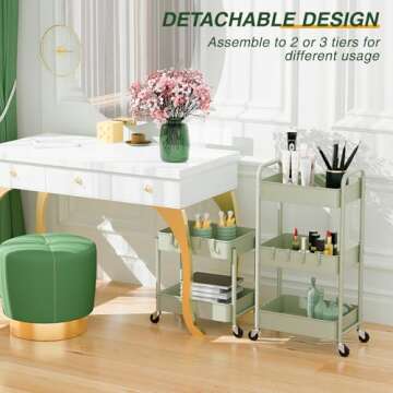 LEHOM 3 Tier Rolling Storage Cart, Metal Trolley Utility Cart with Wheels & Hooks, Easy Assembly Organizer Storage Cart for Bathroom Kitchen Office Bedroom (Green)