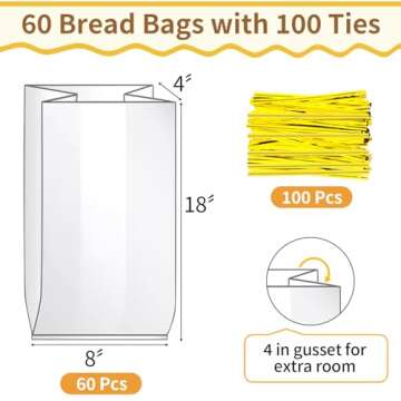 Bread Bags with Ties, 60 Clear Bread Bags for Homemade Bread and 100 Ties, Adjustable Reusable Plast...
