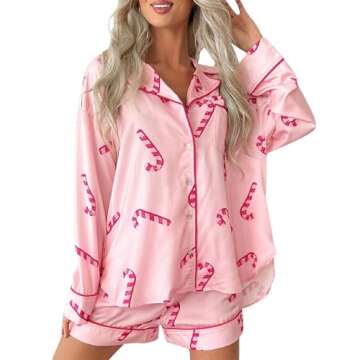 Faretumiya Women Christmas Pajamas Shorts Sets Pink Candy Cane Pjs Long Sleeve Button Down Shirt Lou...