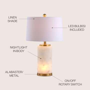 JONATHAN Y JYL6203A Eliza 25.5" Alabaster LED Table Lamp Coastal Contemporary Bedside Desk Nightstand Lamp for Bedroom Living Room Office College Bookcase LED Bulb Included, White/Gold Leaf