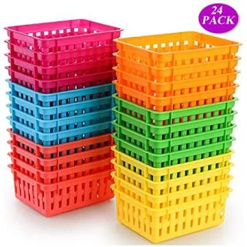 DEAYOU 24 Pack Classroom Storage Baskets, Small Plastic Baskets for Organizing, Colorful Storage Trays, Crayon Pencil Containers Organizer Bins for Desk, Drawer, Home, Office, 6.1"L x 4.7"W x 2.4"H