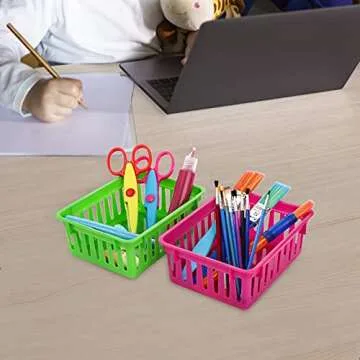 DEAYOU 24 Pack Classroom Storage Baskets, Small Plastic Baskets for Organizing, Colorful Storage Trays, Crayon Pencil Containers Organizer Bins for Desk, Drawer, Home, Office, 6.1"L x 4.7"W x 2.4"H
