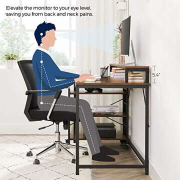 VASAGLE Computer Desk with Large Monitor Stand Rolling Cart, Writing Study Desk with Storage Shelves, Industrial, for Home Office, Rustic Brown and Black ULWD061B01