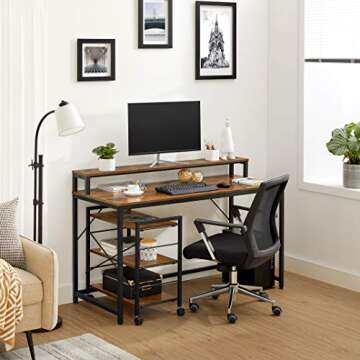 VASAGLE Computer Desk with Large Monitor Stand Rolling Cart, Writing Study Desk with Storage Shelves, Industrial, for Home Office, Rustic Brown and Black ULWD061B01