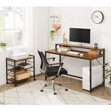 VASAGLE Computer Desk with Large Monitor Stand Rolling Cart, Writing Study Desk with Storage Shelves, Industrial, for Home Office, Rustic Brown and Black ULWD061B01
