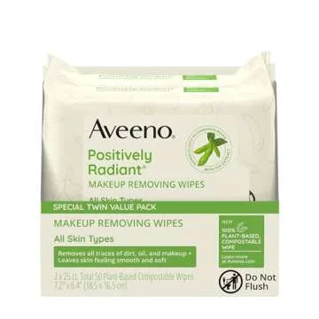 Aveeno Positively Radiant Alcohol Free Makeup Removing Face Wipes, Gentle Non-Comedogenic Facial Cleansing Wipes, 100% Plant Based Home Compostable Wipes, Sulfate Free, 50 Count (2 Packs of 25)