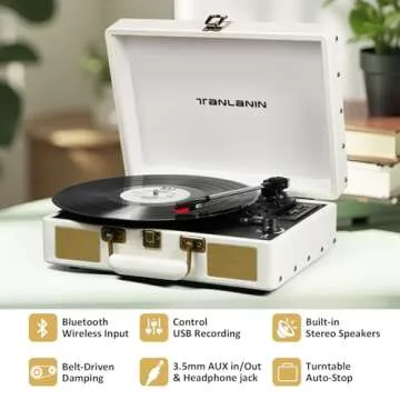 Vintage 3-Speed Bluetooth Portable USB Suitcase Record Player with Built-in Speakers, Upgraded Vinyl Turntable Audio Sound, Includes Extra Stylus & Mat, White Leather
