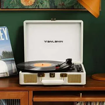 Vintage 3-Speed Bluetooth Portable USB Suitcase Record Player with Built-in Speakers, Upgraded Vinyl Turntable Audio Sound, Includes Extra Stylus & Mat, White Leather